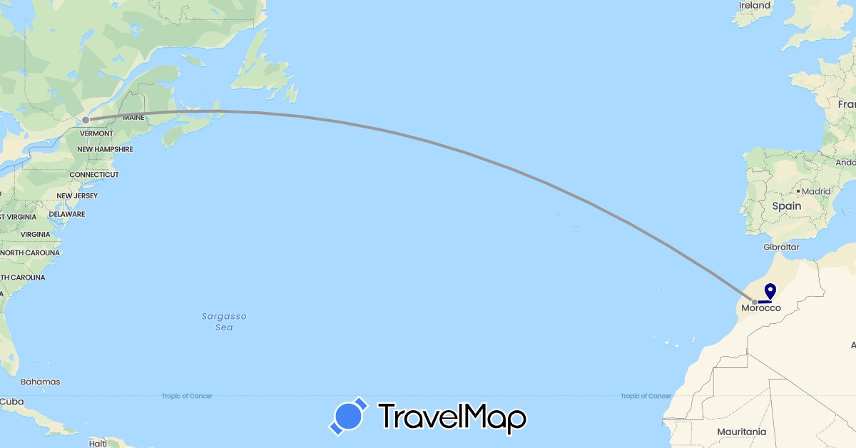 TravelMap itinerary: driving, plane in Canada, Morocco (Africa, North America)